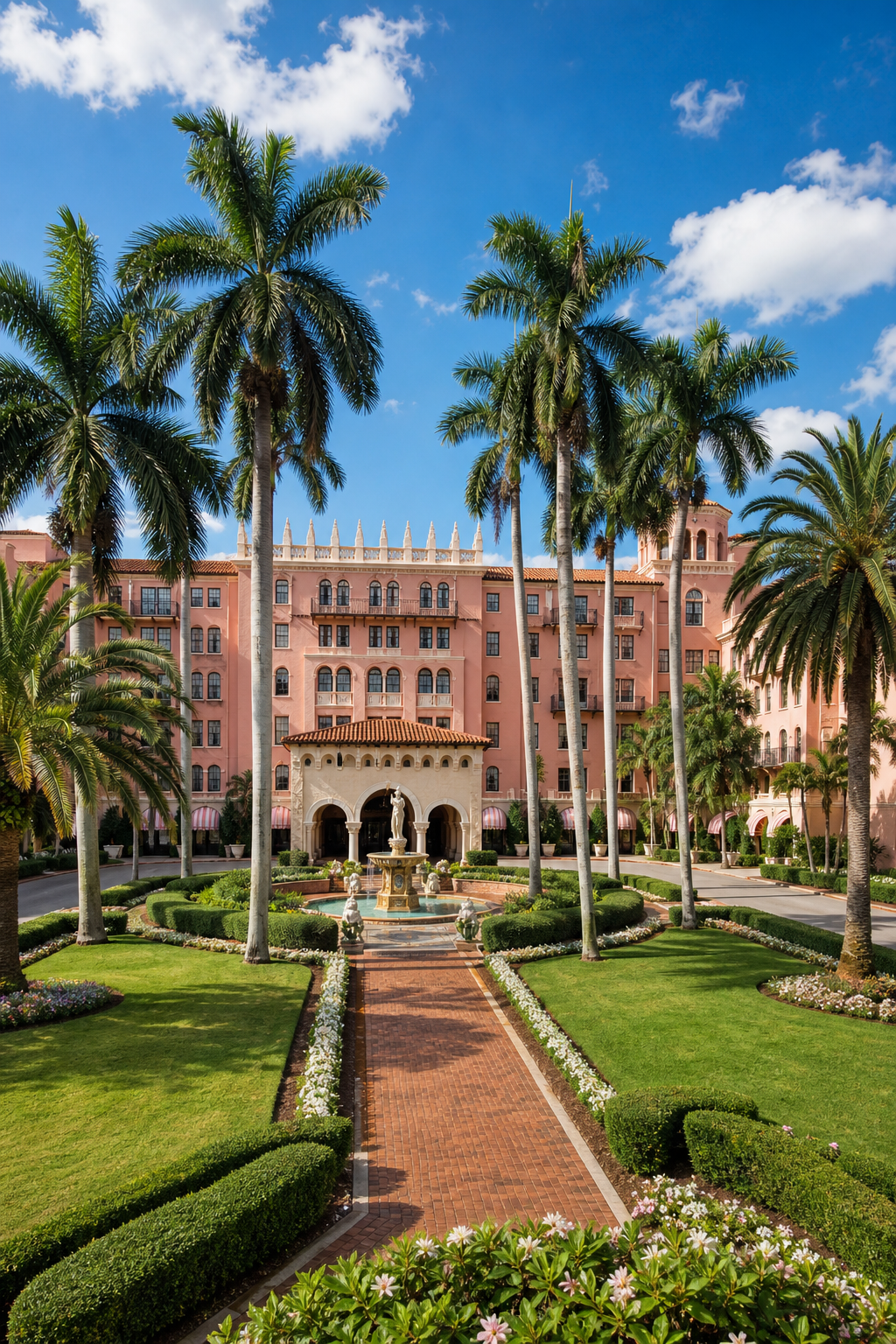 Boca Resort pink Mediterranean architecture with palms and fountain in Boca Raton