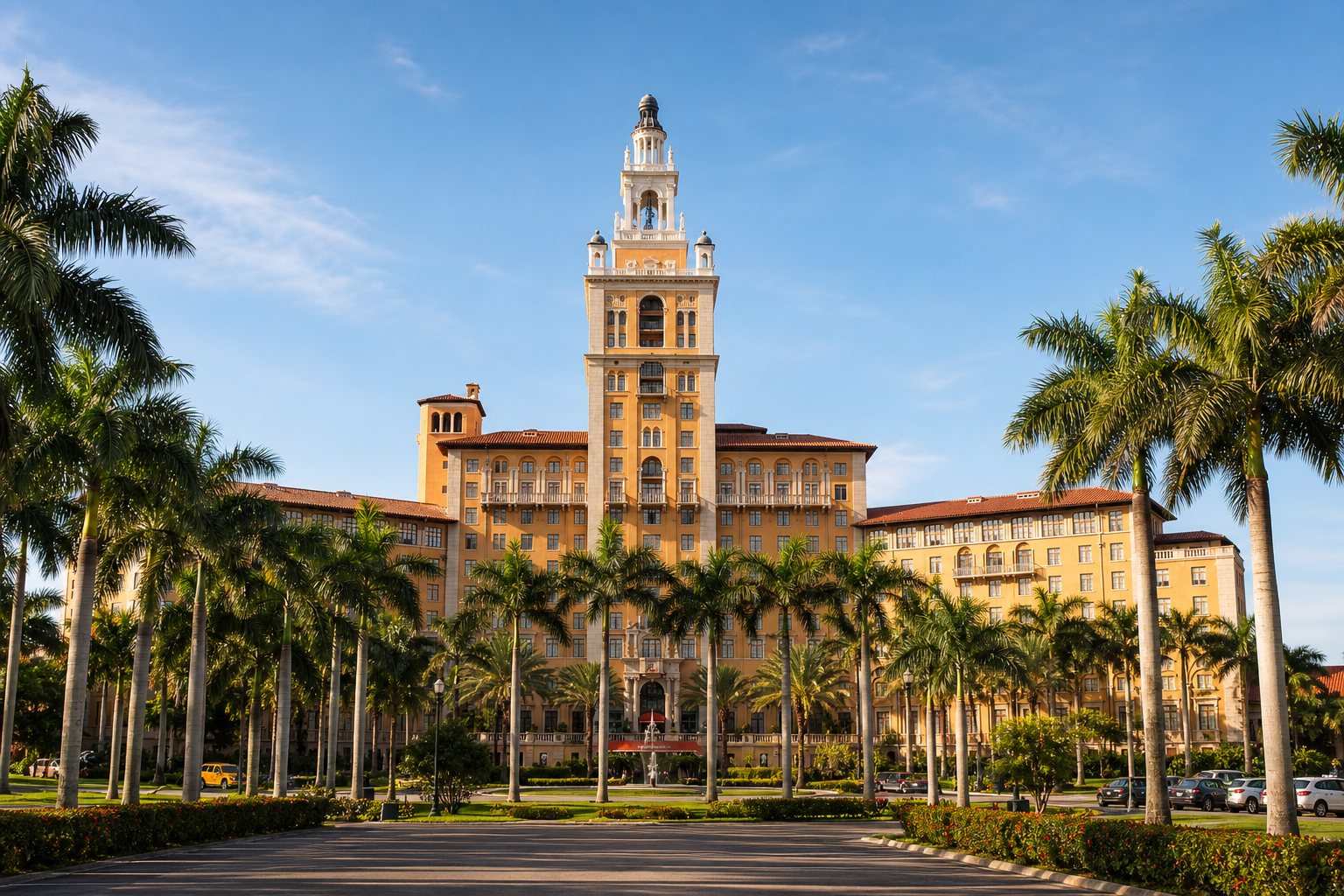 Biltmore Hotel in Coral Gables with palm-lined entrance