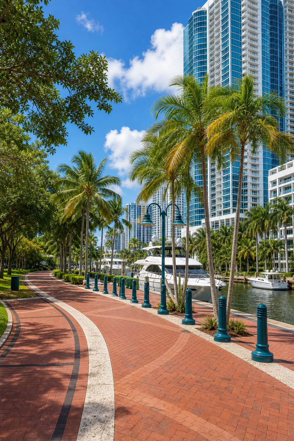 Fort Lauderdale Riverwalk New River promenade with boats and downtown buildings